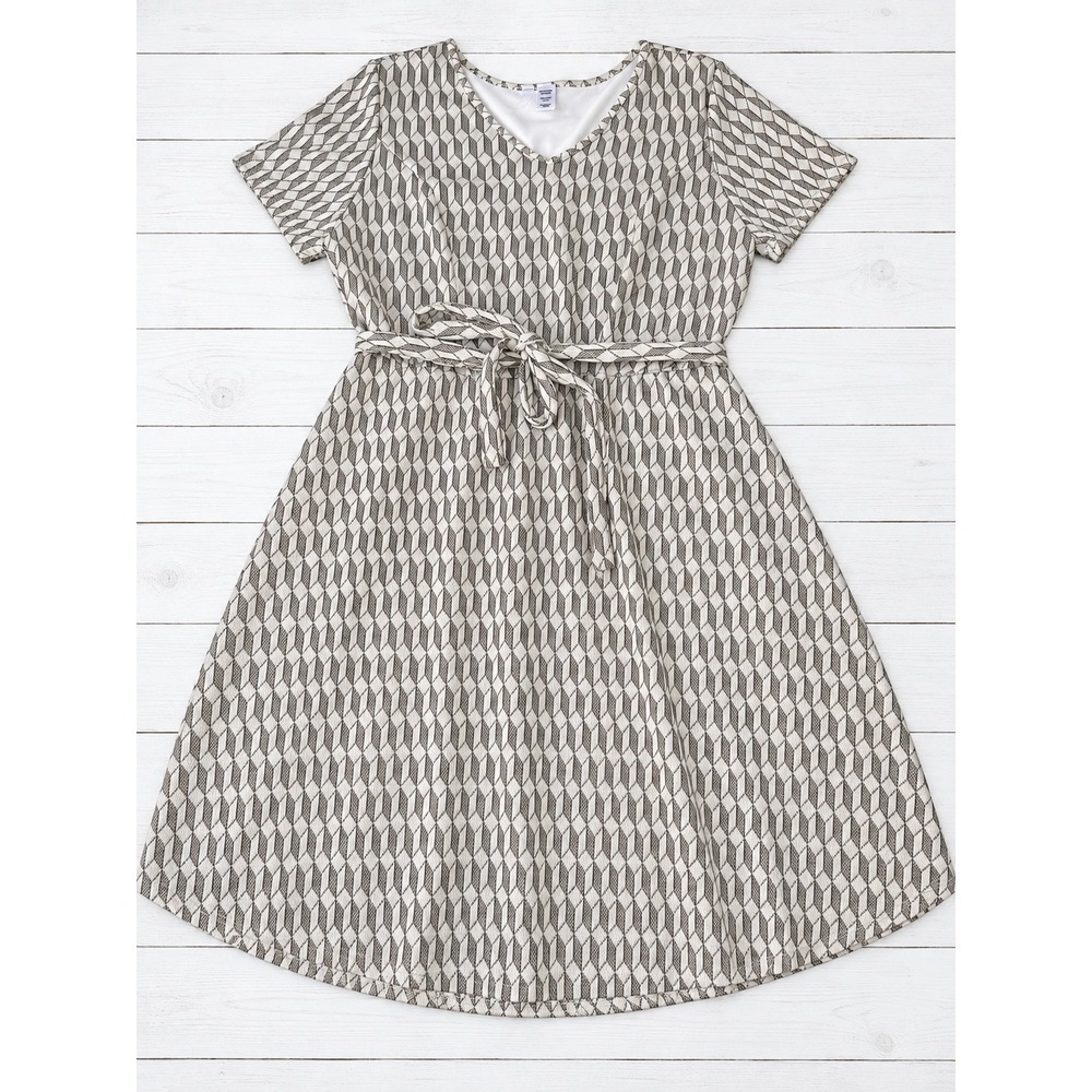 Kaktus Dress Geometric Print Short Sleeve Belted Knee Length Mod Retro Neutral L